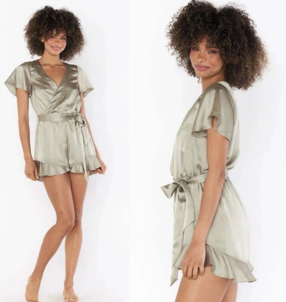 Show Me Your Mumu Say I Do Romper Moss Green Luxe Satin, Wedding Day, Spa, SZ M